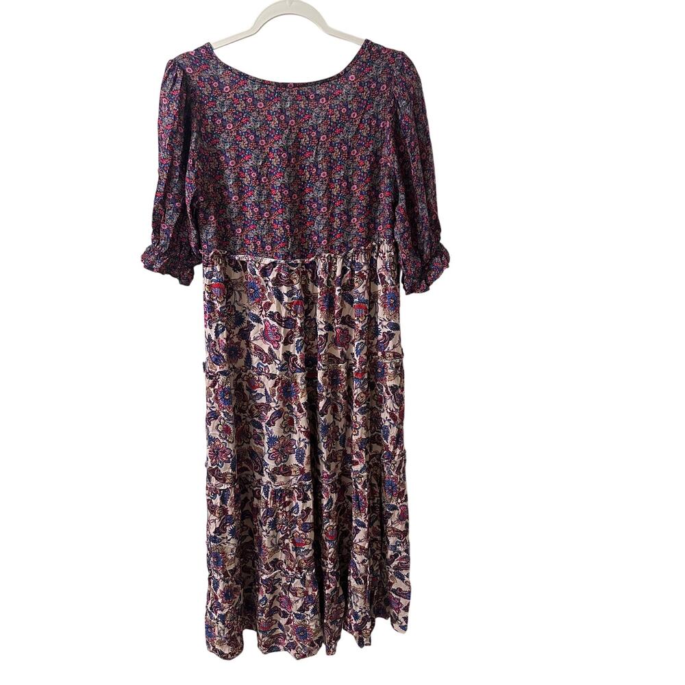 Natural Life Rebecca Midi Dress Red Navy Bouquets Floral Boho Puff Sleeve EUC XS - Picture 7 of 7